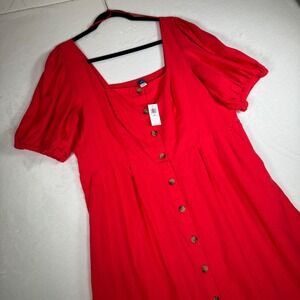 Old Navy XL Petite Red Dress Square Neck Puff Sleeve Button Front New With Tags‎